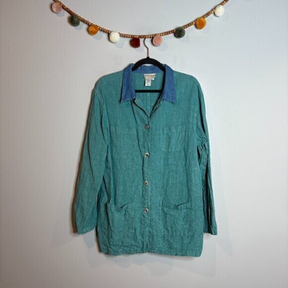 Cottagecore linen teal button down tunic jacket - Picture 1 of 4